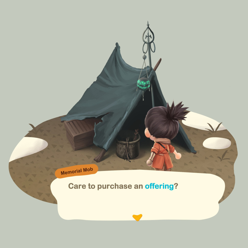 1boy animal_crossing basket black_hair brown_pants chibi coat crate crossover english_commentary english_text fake_screenshot from_behind grey_background highres jacket male_focus orange_coat orange_jacket orange_scarf outdoors pants pole scarf sekiro sekiro:_shadows_die_twice simple_background snow solo standing tent topknot vertigris