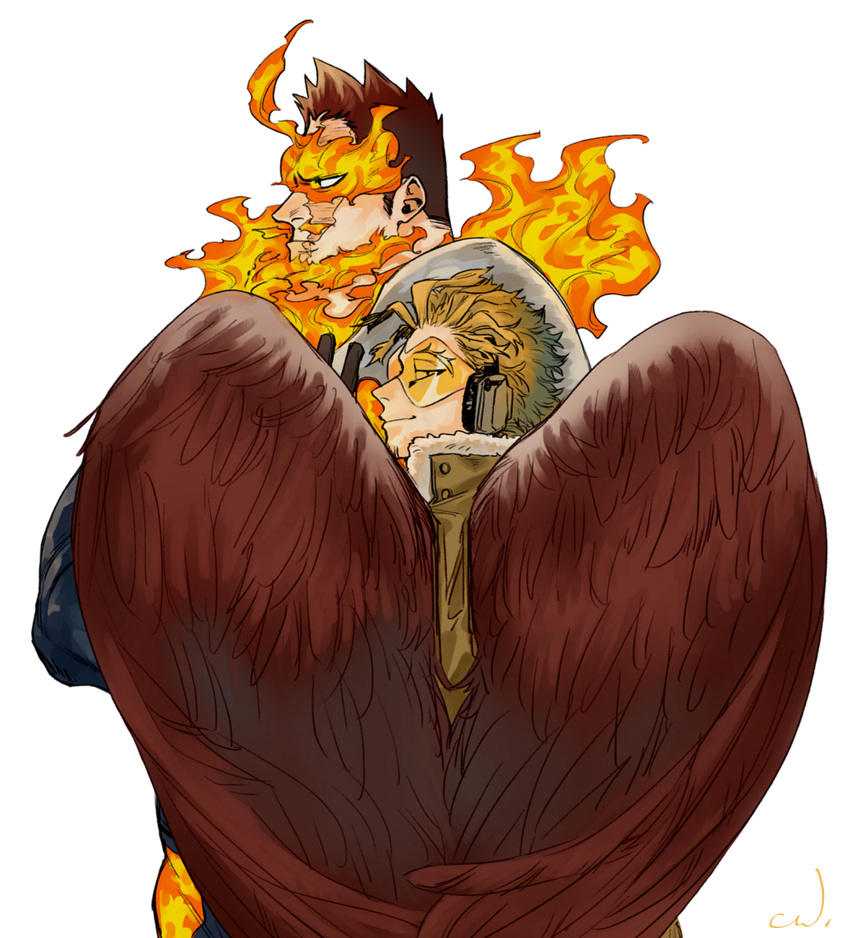 2boys beard blue_eyes boku_no_hero_academia facial_hair feathered_wings fiery_hair fire from_side hawks_(boku_no_hero_academia) highres jo_tuesday19 male_focus mature_male multiple_boys red_wings redhead scar scar_across_eye short_hair sideburns smirk spiky_hair todoroki_enji wings