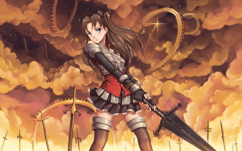 armor bangle black_legwear blue_eyes brown_hair chainmail claymore_(sword) doomfest fate/stay_night fate_(series) fingerless_gloves gears gloves highres pleated_skirt skirt solo sword thigh-highs thighhighs tohsaka_rin toosaka_rin twintails unlimited_blade_works wallpaper weapon zettai_ryouiki