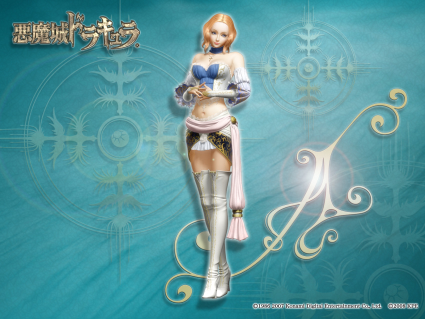 3d angela_(castlevania) blonde_hair blue_eyes boots breasts bridal_gauntlets castlevania castlevania_pachislot choker cleavage corset cross detached_sleeves highres initial konami lace logo midriff miniskirt navel official_art sash short_hair skirt solo standing thigh-highs thigh_boots wallpaper wavy_hair