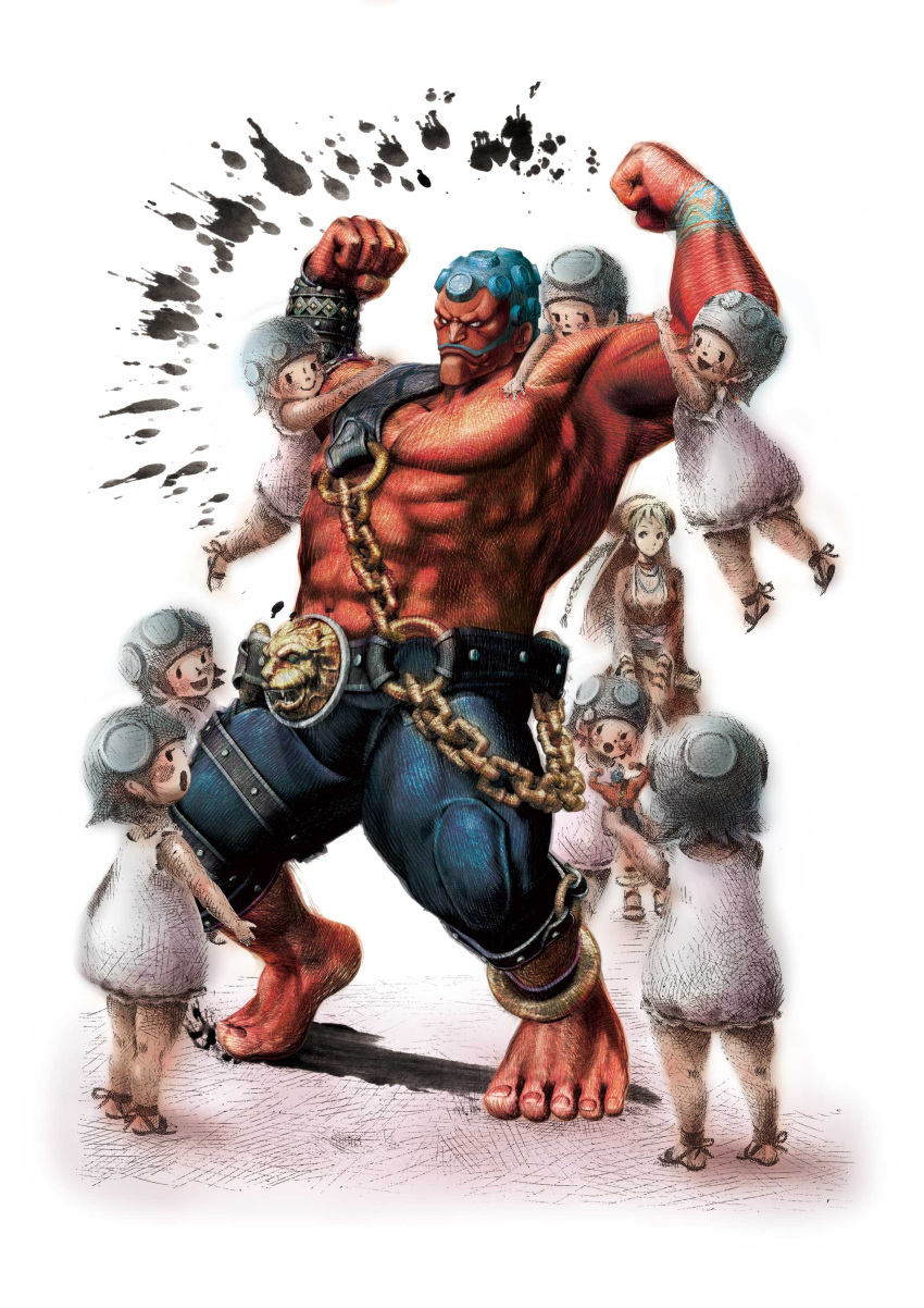 belt blue_hair capcom child children family father_and_daughter hakan hakan's_wife hakan's_daughters hakan's_wife height_difference highres ikeno_daigo manly muscle official_art realistic red_skin size_difference street_fighter street_fighter_iv