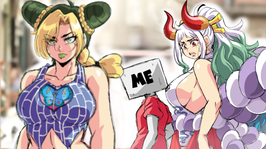 1other 2girls aqua_hair arms_at_sides artist_self-insert bare_arms bare_shoulders blonde_hair blurry blurry_foreground braid breasts brown_eyes closed_mouth commentary crossover curled_horns d: day distracted_boyfriend_(meme) double_bun english_commentary eyebrows_visible_through_hair eyes_visible_through_hair furrowed_brow green_eyes green_hair green_lips hair_cones hair_ornament hair_stick hakama halter_top halterneck height_difference highres horns huge_breasts japanese_clothes jojo_no_kimyou_na_bouken kimono kujo_jolyne large_breasts lewdamone lips long_hair looking_at_another meme multicolored_hair multicolored_horns multiple_girls one_piece oni open_mouth outdoors ponytail red_horns rope shimenawa shirt short_hair sideboob sleeveless sleeveless_kimono stone_ocean sweat tall_female two-tone_hair upper_body very_long_hair white_hair yamato_(one_piece) yellow_horns