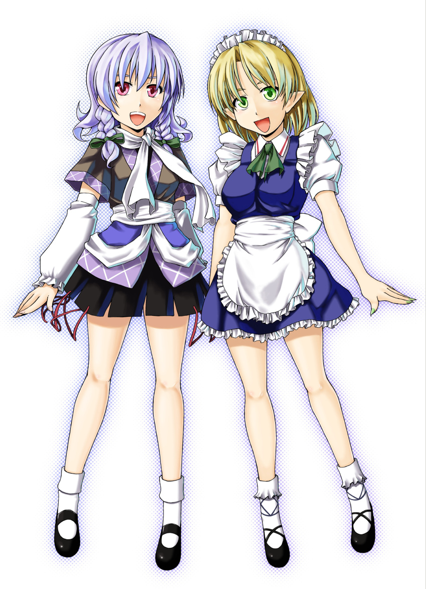 absurdres alto-00 apron arm_warmers blonde_hair braid cosplay costume_switch green_eyes highres izayoi_sakuya izayoi_sakuya_(cosplay) legs maid maid_headdress mizuhashi_parsee mizuhashi_parsee_(cosplay) multiple_girls nail_polish pointy_ears red_eyes ribbon scarf short_hair silver_hair socks touhou twin_braids