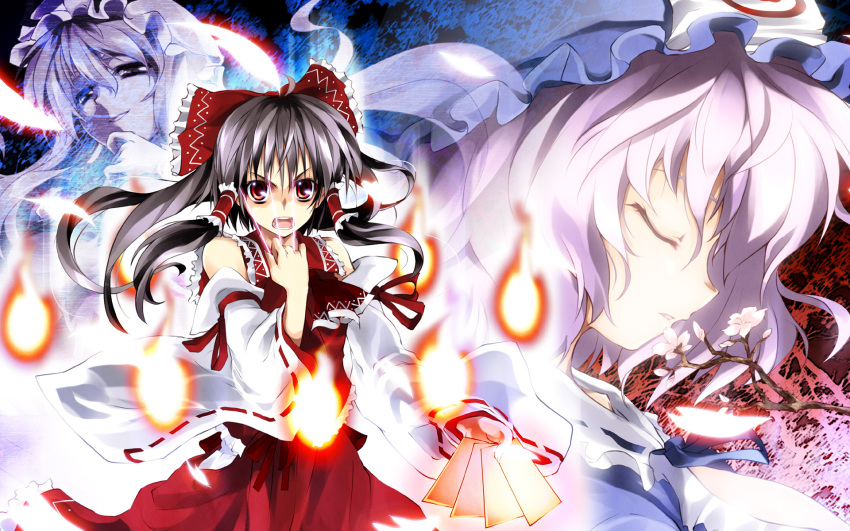 album_cover angry black_hair bow cherry_blossoms chin_rest close-up closed_eyes cover delusion_overdose fire flower hair_bow hakurei_reimu hat highres japanese_clothes long_hair magic matsuno_canel miko multiple_girls ofuda open_mouth petals purple_hair red_eyes saigyouji_yuyuko serious short_hair smile touhou wallpaper wind yakumo_yukari