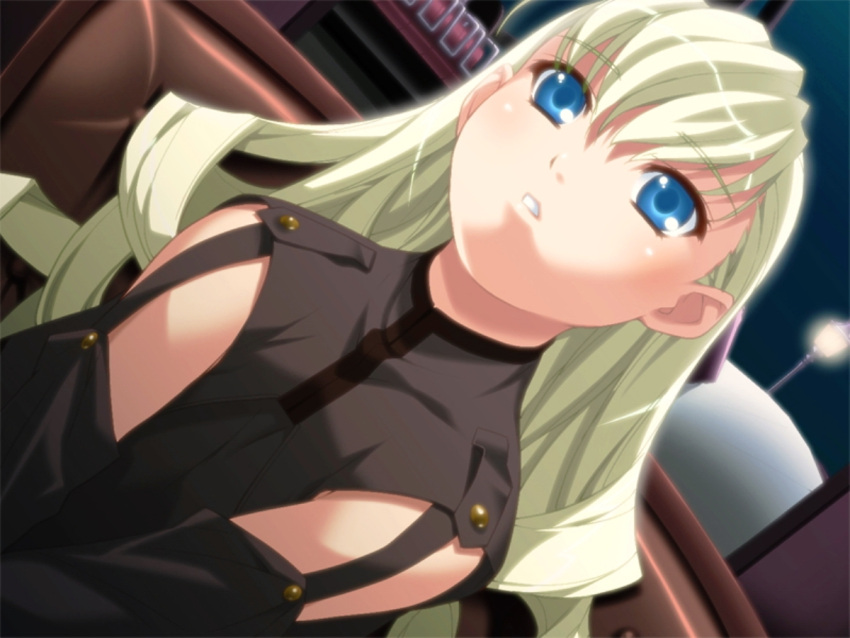 blonde_hair blue_eyes chair detached_sleeves drill_hair dutch_angle eigou_kaiki elfriede_welfen game_cg ino long_hair looking_up night open_mouth shirt sky solo source_request strap_sleeves