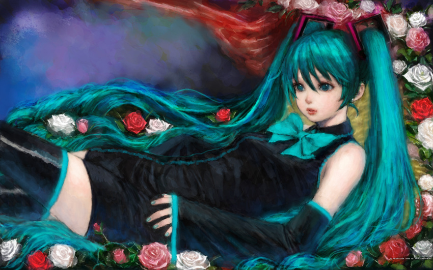 aqua_eyes aqua_hair boots flower hatsune_miku highres long_hair lying mikumix on_back pon rose smile solo thigh-highs thigh_boots thighhighs twintails very_long_hair vocaloid wallpaper white_rose zettai_ryouiki