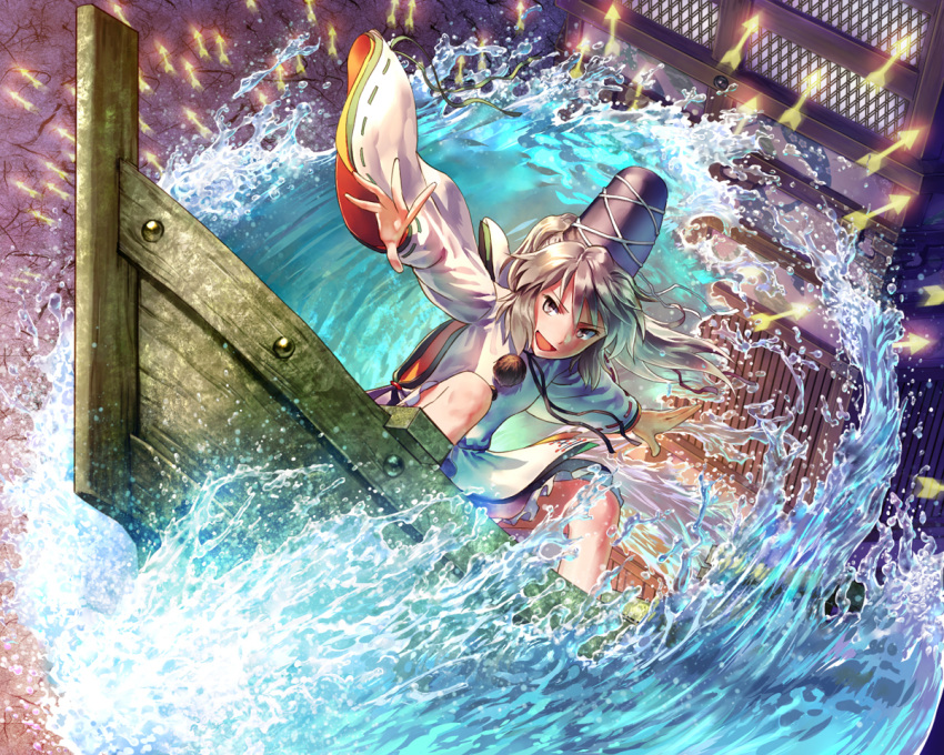 1girl arrow boat grey_eyes hat hat_ribbon long_sleeves looking_at_viewer mononobe_no_futo om_(carbohydratism) open_mouth outstretched_arms ponytail puffy_sleeves ribbon shirt silver_hair skirt smile solo surfing touhou water wide_sleeves