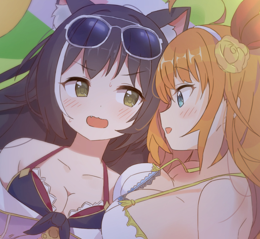 2girls animal_ears beach_towel breasts cat_ears eyewear_on_head green_eyes karyl_(princess_connect!) multiple_girls open_clothes open_mouth pecorine_(princess_connect!) princess_connect! sshyeok sunglasses towel