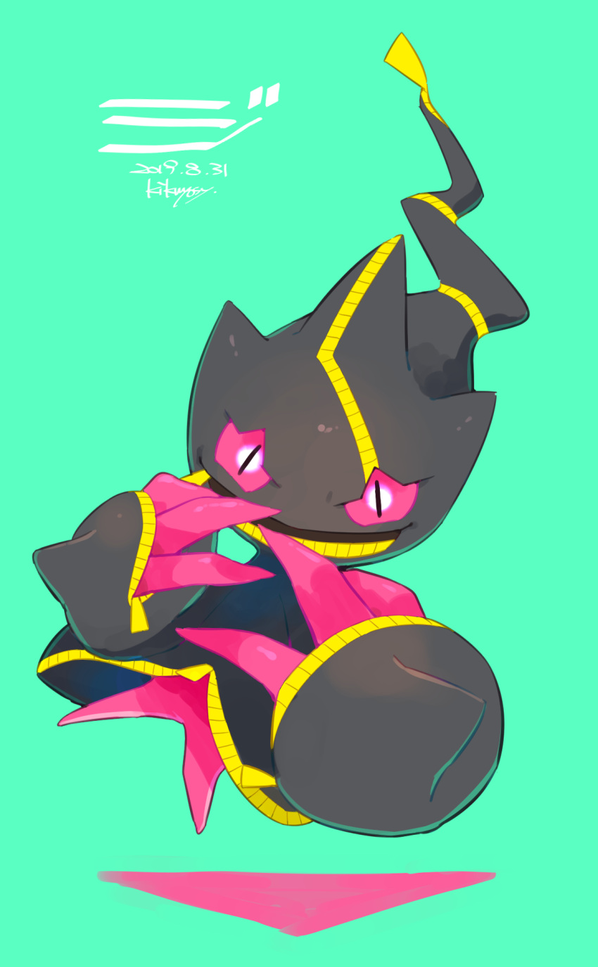 banette black_eyes commentary_request dated full_body gen_3_pokemon green_background hands_up highres kikuyoshi_(tracco) looking_at_viewer mega_banette mega_pokemon no_humans pokemon pokemon_(creature) signature simple_background solo zipper