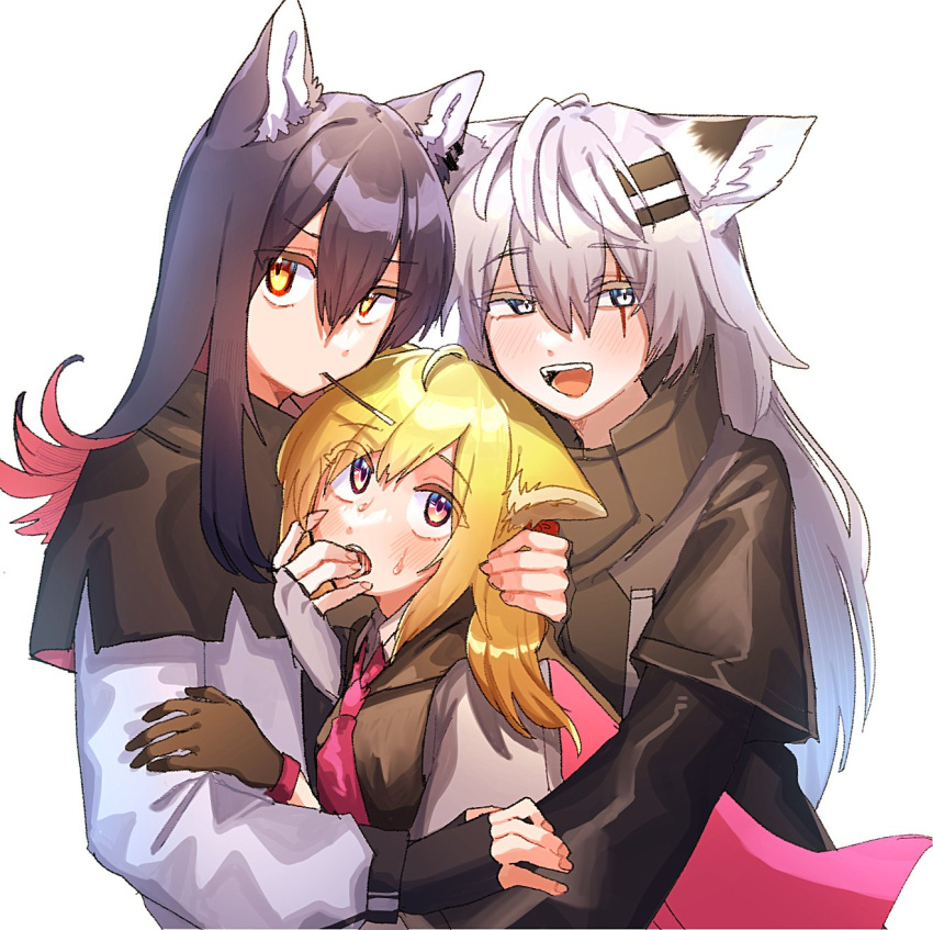 3girls animal_ears arknights bangs black_gloves black_hair blonde_hair blush cape capelet eyebrows_visible_through_hair finger_in_mouth fingerless_gloves food food_in_mouth girl_sandwich gloves grey_eyes hand_on_another's_head height_difference highres kawaii_inu5 lappland_(arknights) long_hair long_sleeves multicolored_hair multiple_girls open_mouth pocky sandwiched silver_hair sora_(arknights) sweat texas_(arknights) two-tone_hair wolf_ears wolf_girl yellow_eyes yuri