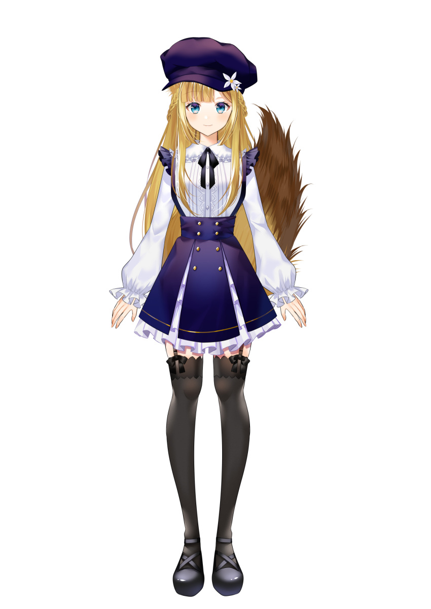 1girl animal_ears bangs black_footwear black_legwear black_ribbon blonde_hair blue_eyes blue_headwear blue_skirt blush cabbie_hat collared_shirt commentary_request dress_shirt eyebrows_visible_through_hair fox_ears frilled_shirt_collar frilled_skirt frills full_body garter_straps hat highres indie_virtual_youtuber long_hair long_sleeves myusha neck_ribbon pleated_skirt puffy_long_sleeves puffy_sleeves ribbon shirt shoes simple_background skirt sleeves_past_wrists solo standing suspender_skirt suspenders tail_raised thigh-highs very_long_hair virtual_youtuber white_background white_shirt yuzunoki_momi