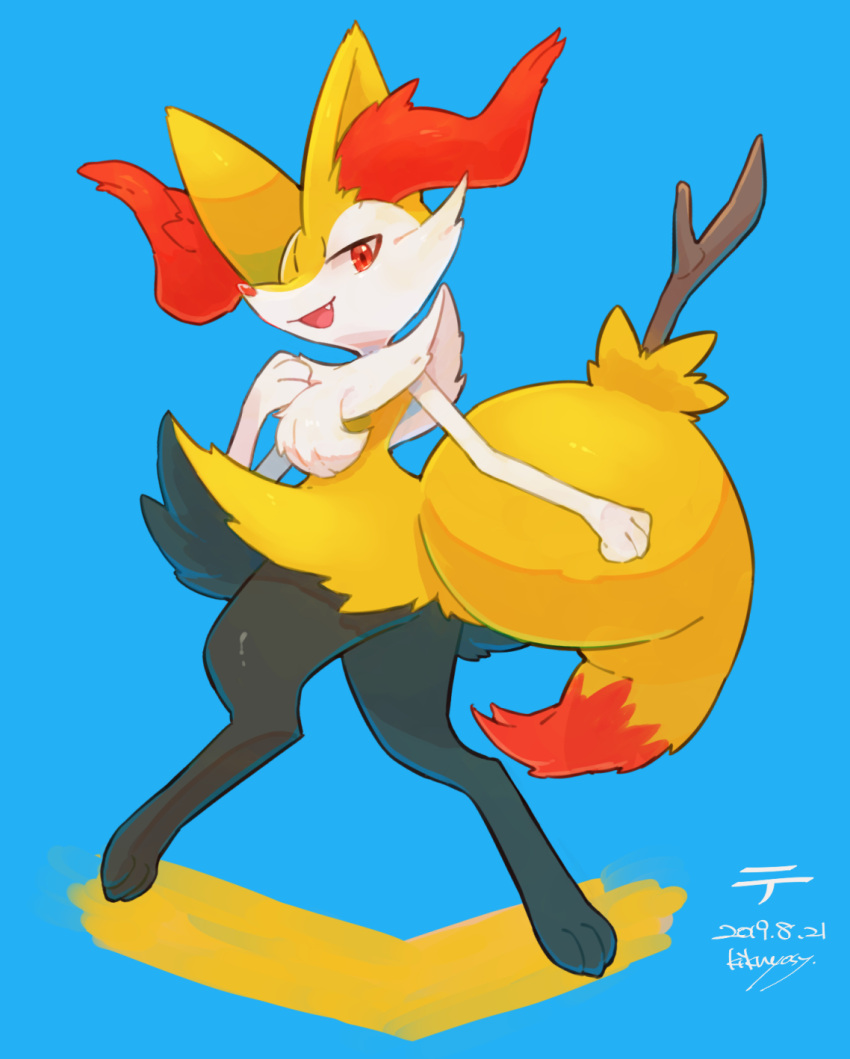 :d animal_ear_fluff braixen commentary_request dated fang full_body furry gen_6_pokemon hand_up highres kikuyoshi_(tracco) looking_at_viewer open_mouth pokemon pokemon_(creature) red_eyes signature smile solo stick toes tongue white_fur