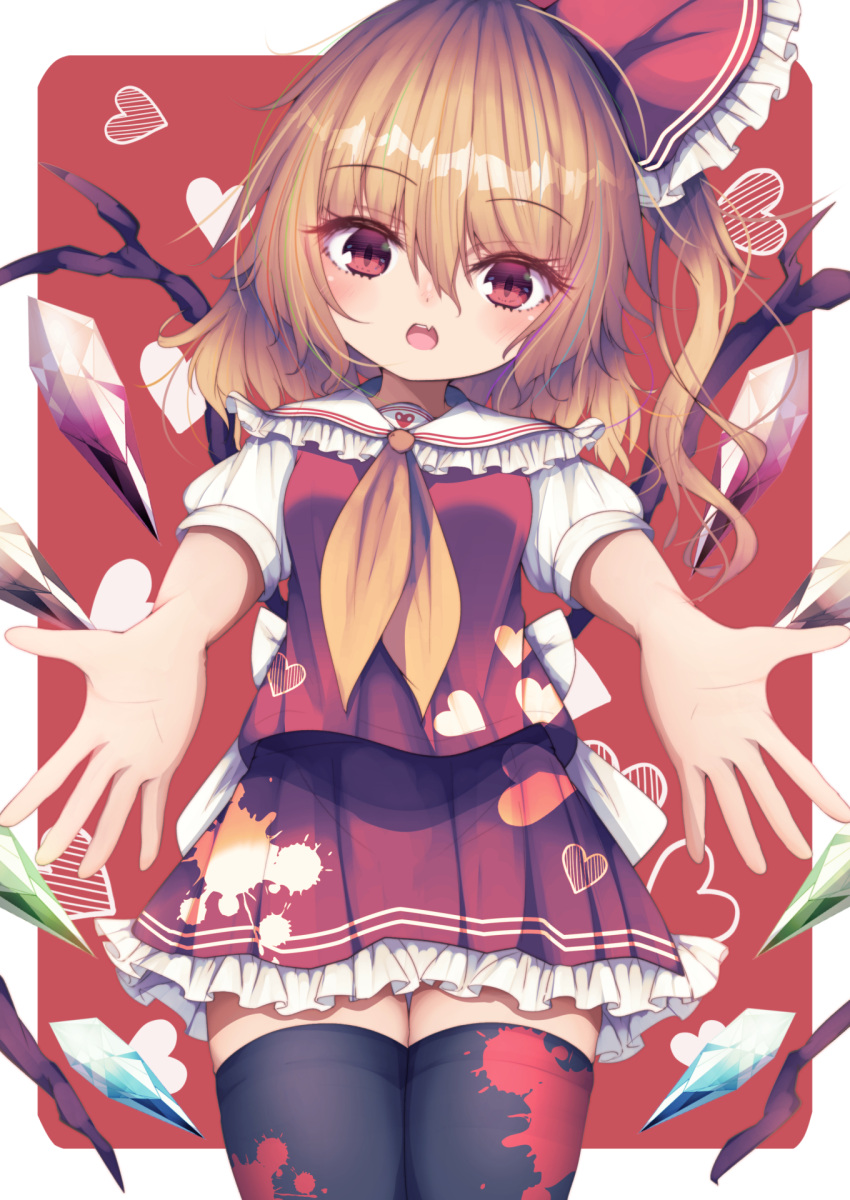 1girl arms_up bangs black_legwear blonde_hair blood border bow breasts collar crystal darumoon eyebrows_visible_through_hair flandre_scarlet hair_between_eyes hair_ribbon hands_up heart highres jewelry looking_at_viewer medium_breasts multicolored multicolored_wings no_hat no_headwear open_mouth ponytail puffy_short_sleeves puffy_sleeves red_background red_eyes red_ribbon red_skirt red_vest ribbon shirt short_sleeves skirt solo standing thigh-highs touhou vest white_border white_bow white_shirt white_sleeves wings yellow_neckwear