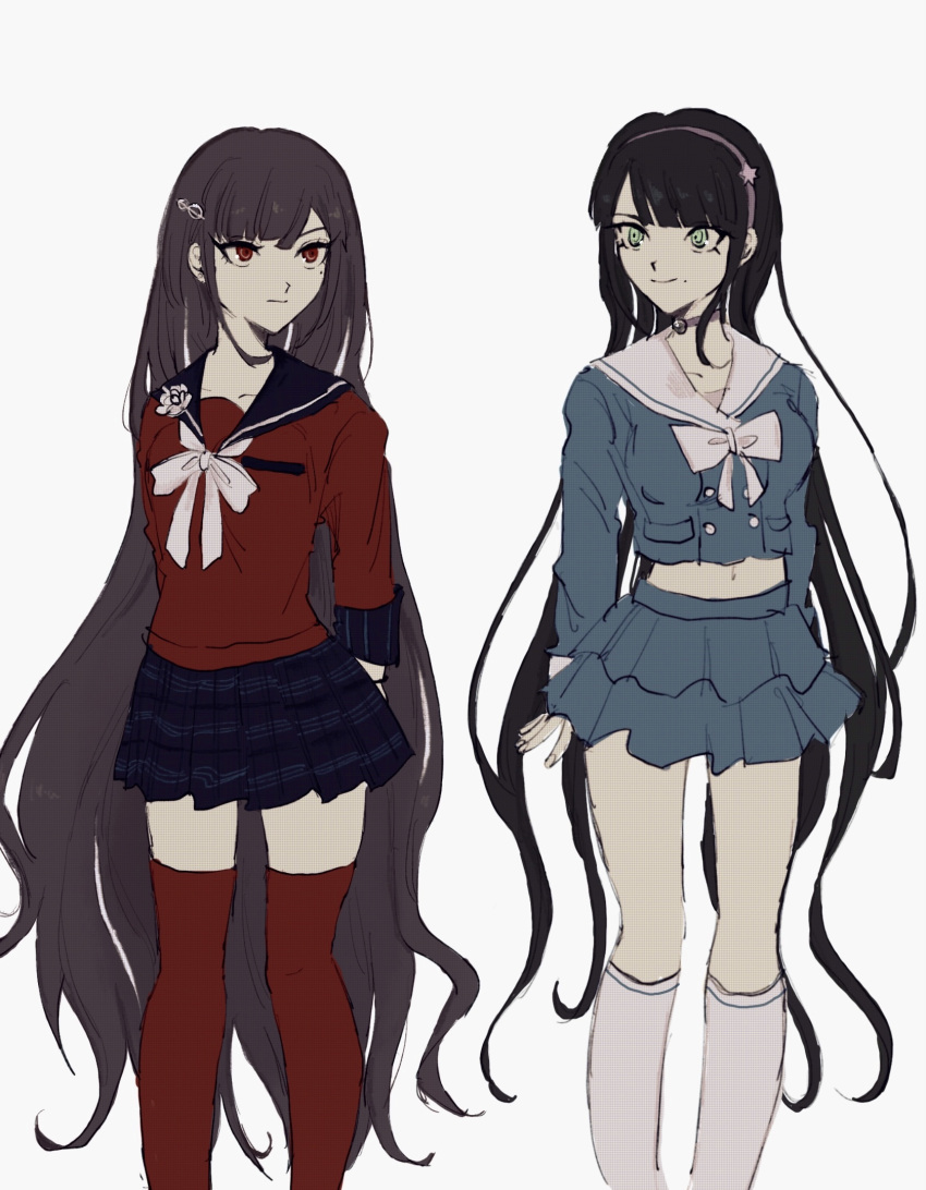 2girls alternate_hairstyle arm_behind_back bangs black_hair black_skirt bow brown_hair buttons chabashira_tenko collarbone commentary dangan_ronpa_(series) dangan_ronpa_v3:_killing_harmony double-breasted feet_out_of_frame green_eyes hair_ornament hairclip harukawa_maki highres kneehighs layered_skirt long_hair long_sleeves midriff miniskirt mole mole_under_eye mole_under_mouth multiple_girls navel pleated_skirt red_eyes red_legwear red_shirt sailor_collar school_uniform sema_(vivaviva_02) serafuku shirt skirt smile symbol_commentary thigh-highs very_long_hair white_bow white_legwear white_sailor_collar zettai_ryouiki