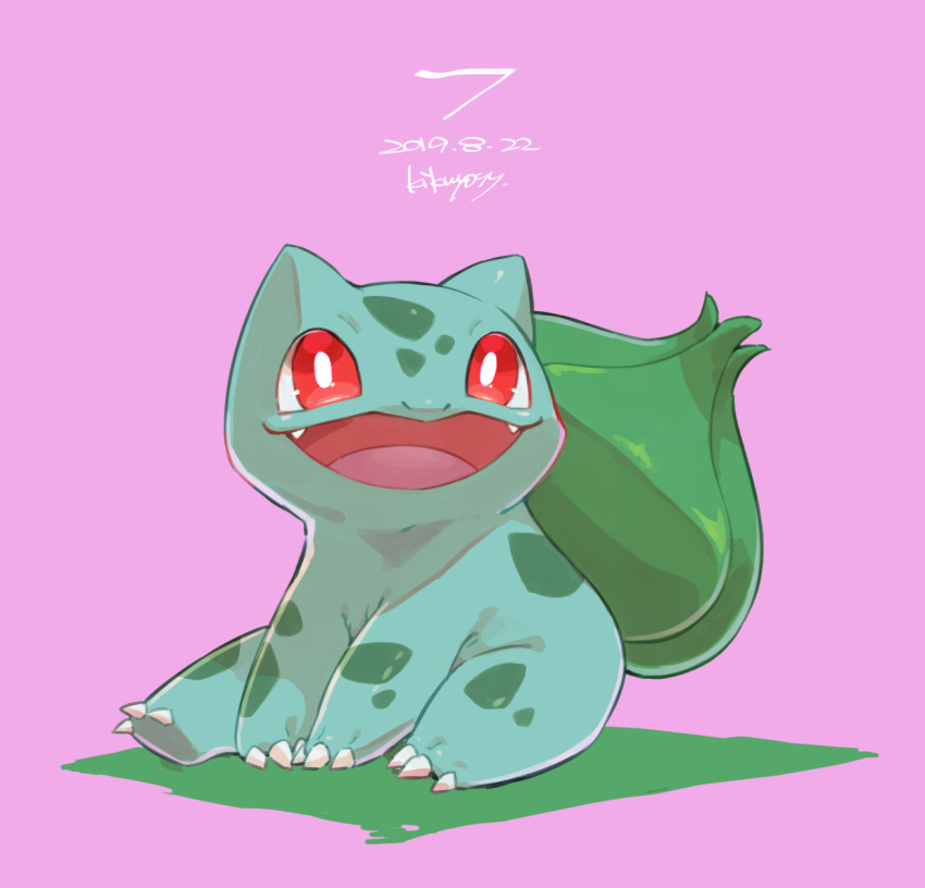 :d bright_pupils bulbasaur commentary_request dated fangs gen_1_pokemon highres kikuyoshi_(tracco) no_humans open_mouth pokemon pokemon_(creature) purple_background red_eyes signature sitting smile solo starter_pokemon tongue white_pupils