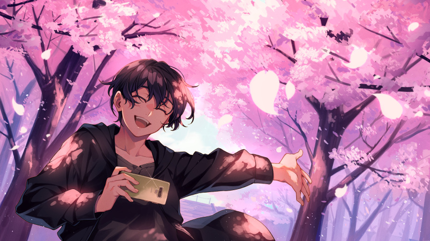 1boy absurdres bangs black_hair cellphone cherry_blossoms closed_eyes collarbone eyebrows_behind_hair eyebrows_visible_through_hair hair_between_eyes highres holding hood hoodie huge_filesize open_mouth original petals phone sakino_saku shirt short_hair smartphone solo tree