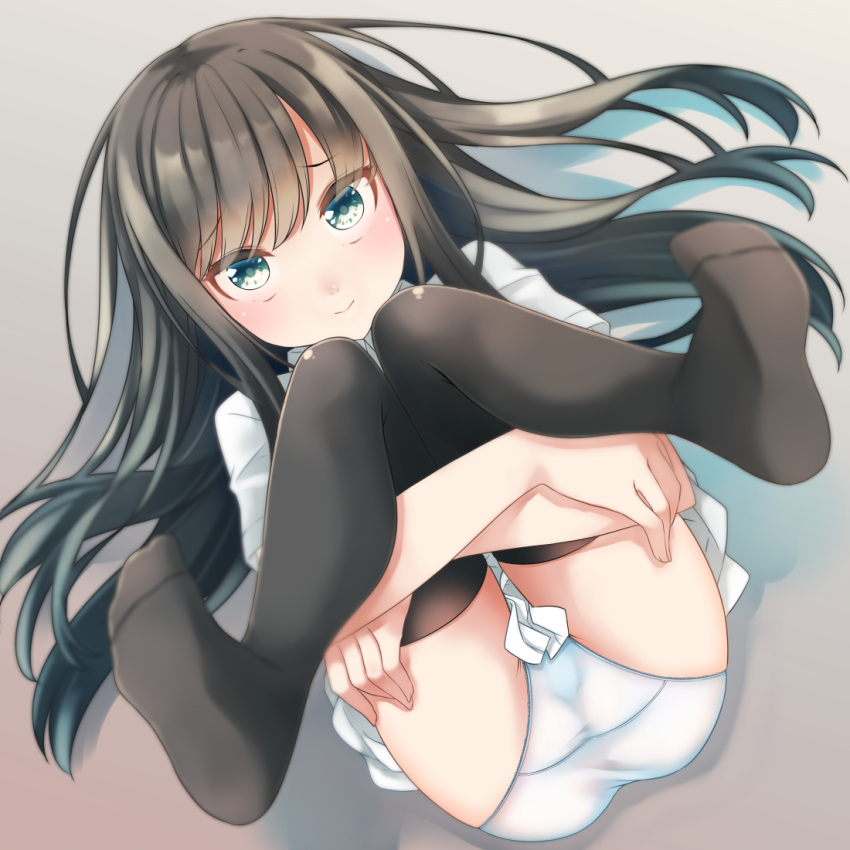 asashio_(kancolle) ass bangs black_hair black_legwear blush closed_mouth comah commentary_request eyebrows_visible_through_hair full_body green_eyes hugging_own_legs kantai_collection knees_together_feet_apart legs_up long_hair looking_at_viewer no_shoes shirt short_sleeves smile soles thigh-highs very_long_hair white_shirt