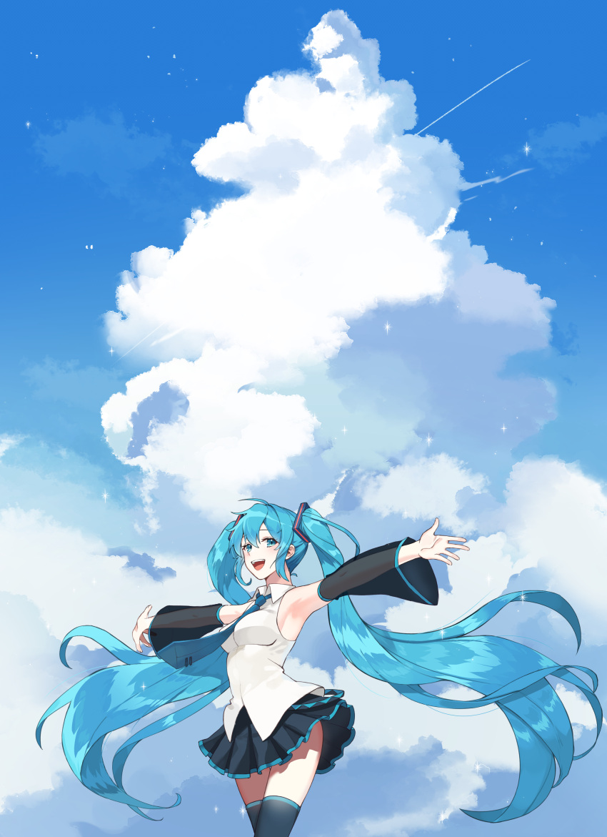 1girl absurdres armpits bare_shoulders belt black_legwear black_skirt blue_eyes blue_hair blue_neckwear blue_sky breasts cannyu clothes_lift clouds cloudy_sky collared_shirt condensation_trail contrapposto cumulonimbus_cloud day detached_sleeves eyebrows_visible_through_hair eyelashes feet_out_of_frame fingernails floating_hair hair_between_eyes hatsune_miku highres light_particles long_hair looking_at_viewer medium_breasts necktie open_mouth outdoors outstretched_arms pale_skin pleated_skirt see-through_sleeves shiny shiny_hair shirt sideboob sidelocks skirt skirt_lift sky sleeveless sleeveless_shirt smile solo sparkle teeth thigh-highs thighs tie_clip twintails upper_teeth very_long_hair vocaloid white_shirt wide_shot wind wind_lift zettai_ryouiki