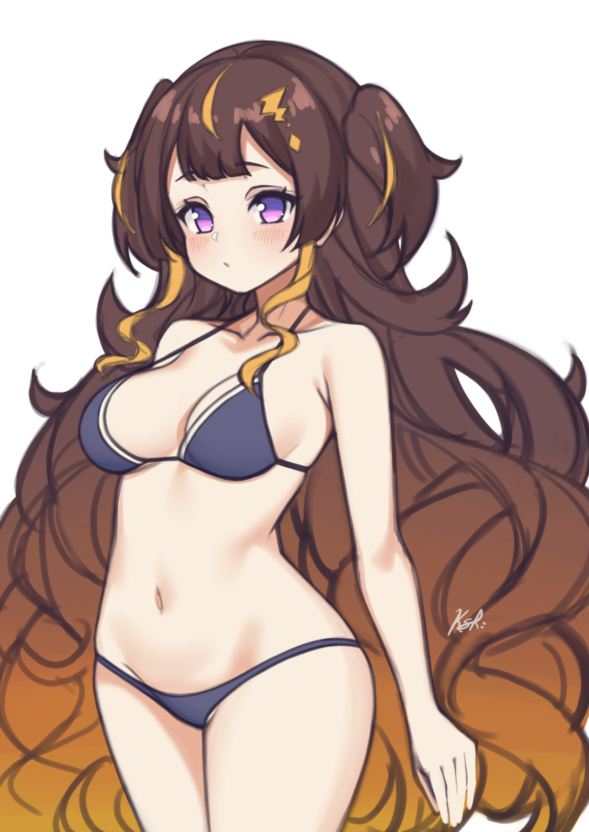 1girl absurdres anya_melfissa bare_arms bare_shoulders bikini breasts brown_hair closed_mouth cowboy_shot gradient_hair grey_bikini halterneck highres hololive hololive_indonesia kaosu_kun long_hair looking_at_viewer medium_breasts multicolored_hair navel solo stomach strap_gap streaked_hair string_bikini swimsuit two_side_up very_long_hair violet_eyes virtual_youtuber