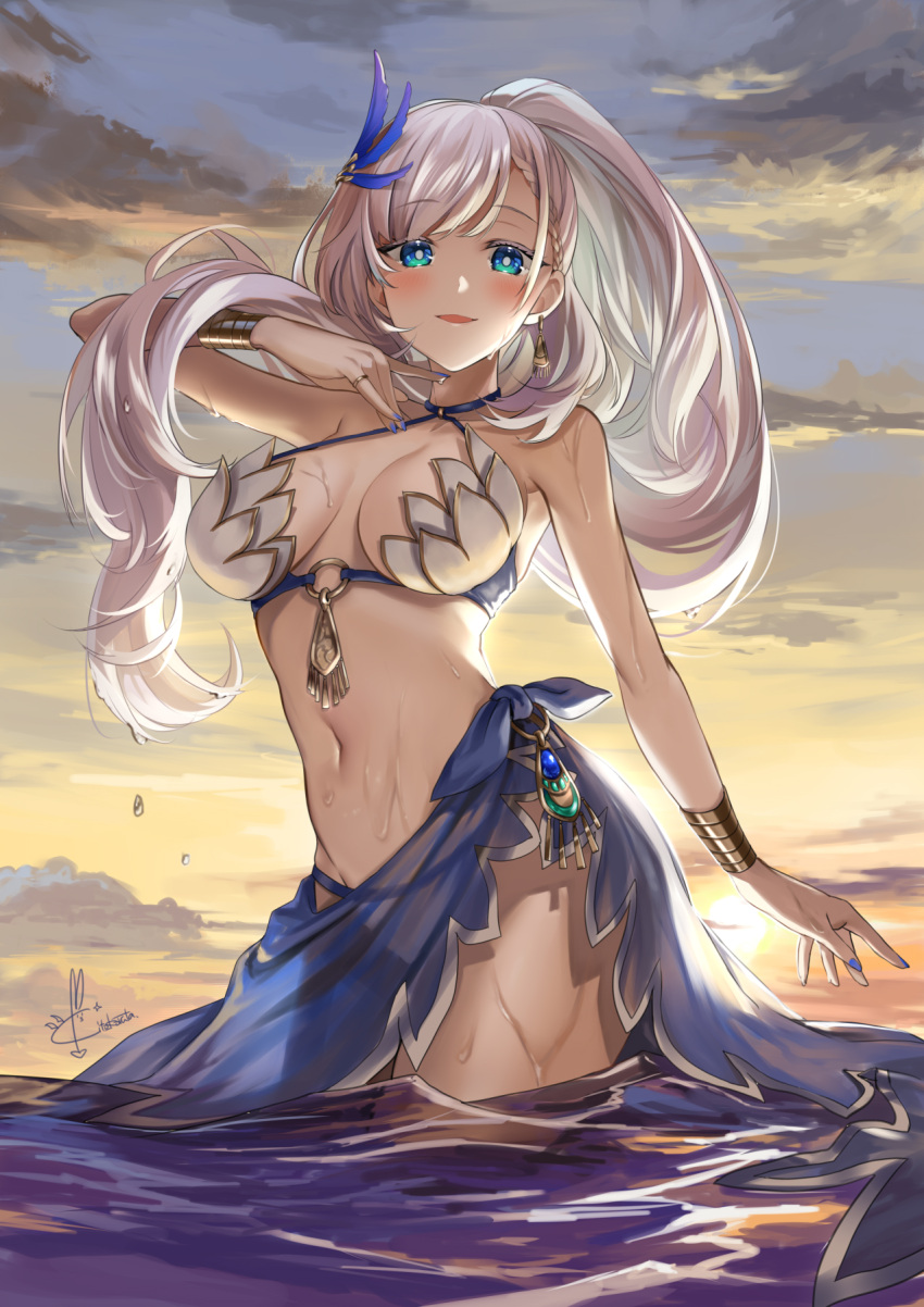 1girl :d bangle blue_eyes blue_nails blush bracelet braid breasts clouds earrings eyebrows_visible_through_hair feather_hair_ornament feathers french_braid hair_ornament highres hololive hololive_indonesia jewelry kito_koruta long_hair medium_breasts midriff nail_polish navel open_mouth pavolia_reine ponytail signature silver_hair single_earring sky smile solo sunset swimsuit very_long_hair virtual_youtuber water wet