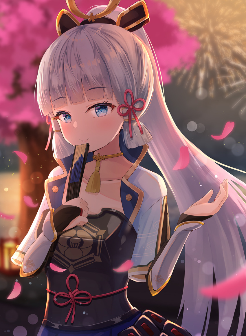 1girl armor bangs blue_eyes blue_hair blunt_bangs breastplate cherry_blossoms choker collarbone eyebrows_visible_through_hair fireworks genshin_impact gloves hair_ornament hand_fan highres hikkyou kamisato_ayaka looking_at_viewer petals smile