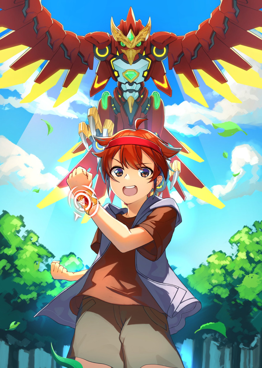 1boy bangs beige_pants blue_hoodie brave_falconers_~oozora_no_yuusha-tachi~ clenched_hand clouds cover cover_page green_eyes headband highres hood hoodie looking_at_viewer mecha novel_cover official_art open_mouth raptor_(brave_falconers) red_headband red_shirt science_fiction shirt sky sleeveless sleeveless_hoodie t-shirt takagari_tsubasa textless tree v-fin wings yoshimori_isa