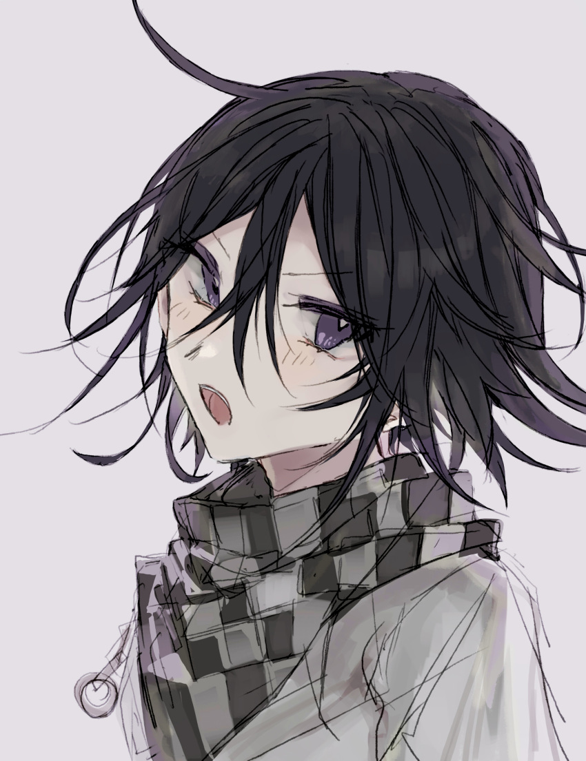 1boy absurdres bangs black_hair black_jacket blush checkered checkered_neckwear checkered_scarf commentary_request dangan_ronpa_(series) dangan_ronpa_v3:_killing_harmony eyebrows_visible_through_hair flipped_hair grey_background grey_jacket hair_between_eyes highres jacket looking_at_viewer male_focus messy_hair nyatoruhu open_mouth ouma_kokichi scarf simple_background solo straitjacket upper_body upper_teeth violet_eyes