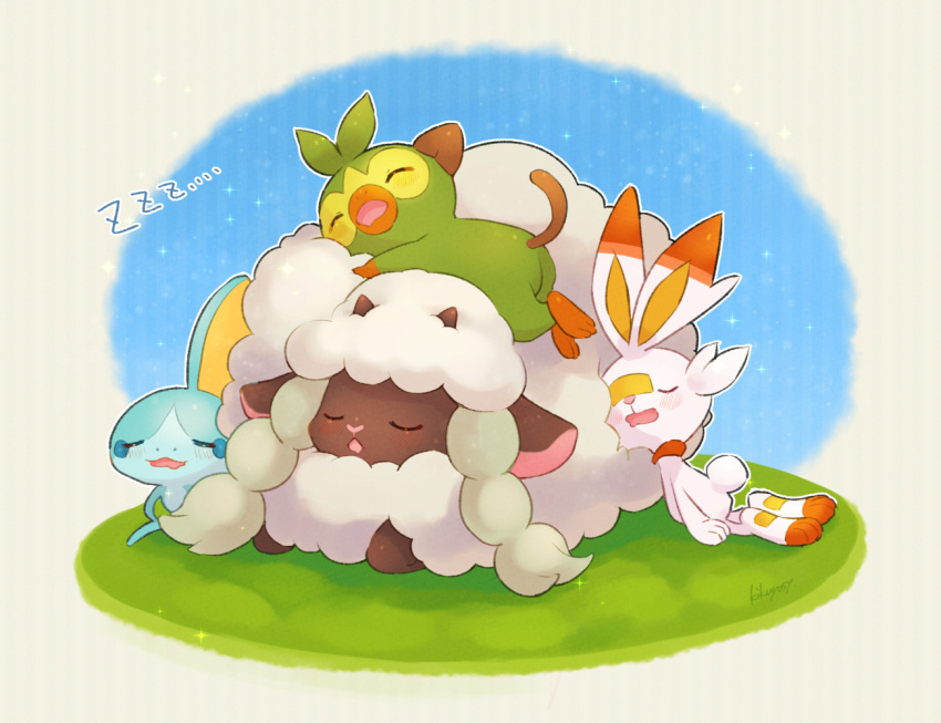 blush closed_eyes commentary_request gen_8_pokemon grass grookey kikuyoshi_(tracco) no_humans open_mouth outline pokemon pokemon_(creature) scorbunny signature sleeping sobble sparkle starter_pokemon_trio tongue wooloo zzz