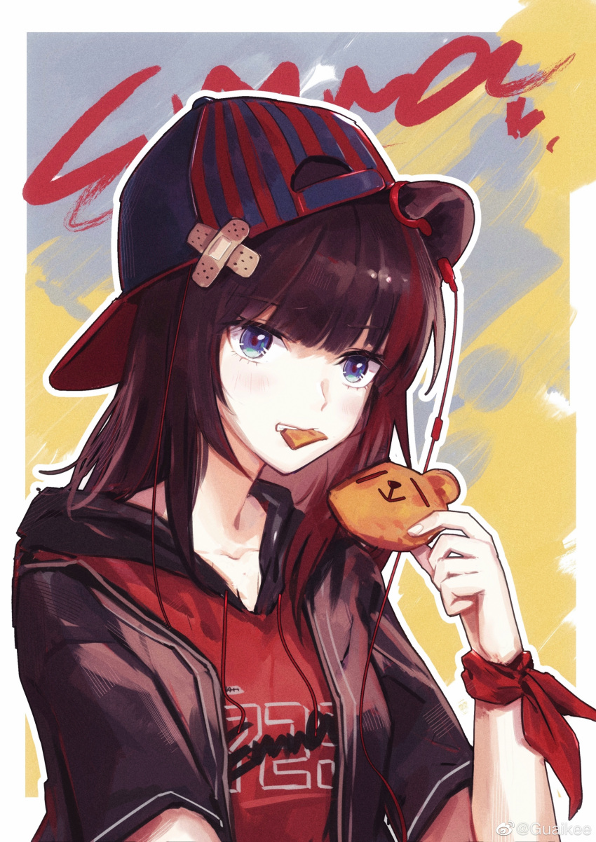 1girl absurdres animal_ears arknights bandaid bandaid_on_head baseball_cap bear_ears black_hair black_headwear black_jacket blue_eyes brown_hair character_name chinese_commentary commentary_request cookie cyrillic earphones food food_in_mouth guaikee hair_ornament hat highres holding holding_cookie holding_food jacket looking_at_viewer medium_hair official_alternate_costume open_clothes open_jacket red_shirt shirt short_sleeves upper_body weibo_logo weibo_username zima_(arknights) zima_(ursusio79)_(arknights)