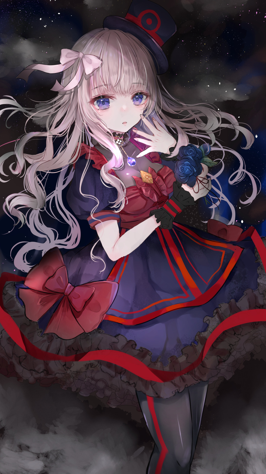 1girl absurdres bangs black_legwear blue_eyes bow breasts dress eyebrows_visible_through_hair flower frilled_dress frills hair_bow hat highres huge_filesize long_hair looking_at_viewer oshiro_project_re sakura_mochiko scoop_neck silver_hair small_breasts solo wrist_cuffs
