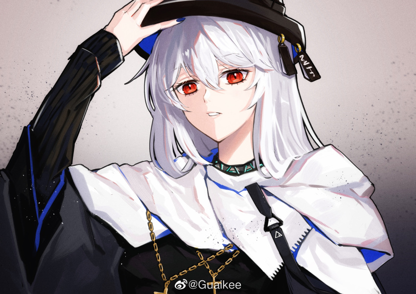 1girl absurdres adjusting_clothes adjusting_headwear arknights black_dress black_headwear chinese_commentary commentary_request cross cross_necklace dress eyebrows_visible_through_hair guaikee hat highres infection_monitor_(arknights) jewelry long_hair long_sleeves looking_at_viewer necklace official_alternate_costume parted_lips red_eyes scarf silver_hair solo specter_(arknights) specter_(undercurrent)_(arknights) upper_body weibo_logo weibo_username white_scarf