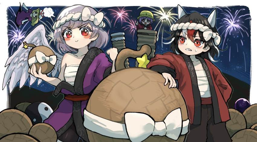 4girls black_hair black_legwear black_pants blonde_hair blush bomb bow commentary_request dress feathered_wings fireworks gap_(touhou) grey_hair hachimaki hadanugi_dousa happi hardhat hat headband helmet highres holding horns howhow_notei japanese_clothes kijin_seija kishin_sagume long_hair long_sleeves medium_hair mob_cap multicolored_hair multiple_girls nejiri_hachimaki night occult_ball orb outdoors pants pantyhose purple_dress purple_hair red_eyes redhead sarashi single_wing smile sparkling_eyes star_(symbol) streaked_hair sukuna_shinmyoumaru thumbs_up touhou white_bow white_hair white_headwear wide_sleeves wings yakumo_yukari yin_yang yin_yang_orb