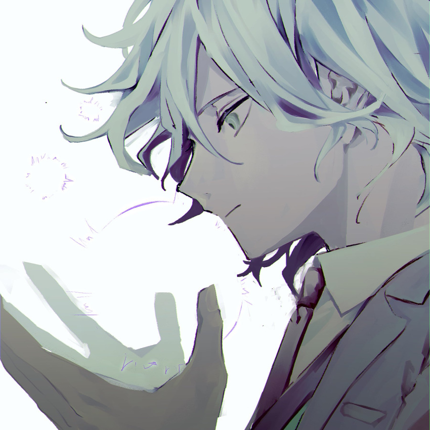 1boy bangs closed_mouth collared_shirt commentary_request dangan_ronpa_(series) dangan_ronpa_3_(anime) from_side grey_hair hands_up highres jacket komaeda_nagito looking_down male_focus messy_hair necktie profile shirt short_hair simple_background solo upper_body watase_(wataxx) white_background