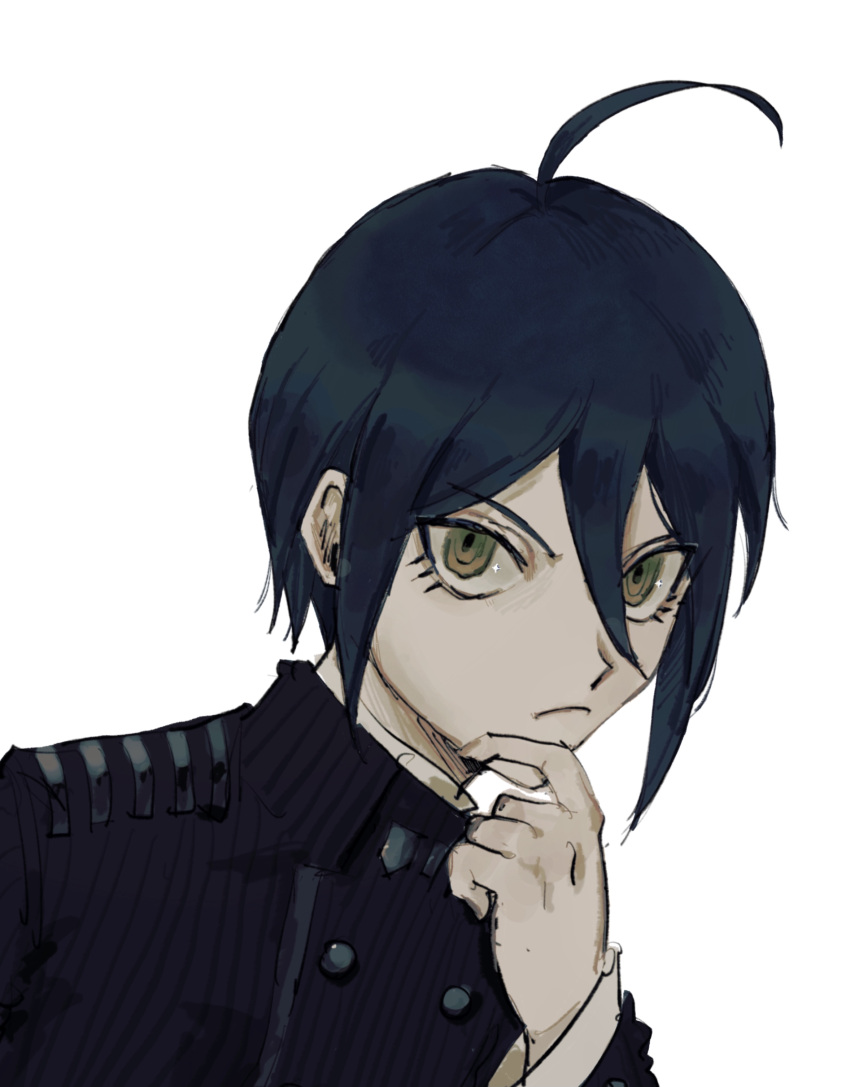 1boy absurdres ahoge bangs black_hair black_jacket brown_eyes buttons closed_mouth commentary_request dangan_ronpa_(series) dangan_ronpa_v3:_killing_harmony double-breasted hair_between_eyes hand_up highres jacket long_sleeves looking_at_viewer male_focus saihara_shuuichi sema_(vivaviva_02) serious short_hair simple_background solo striped_jacket thinking upper_body white_background