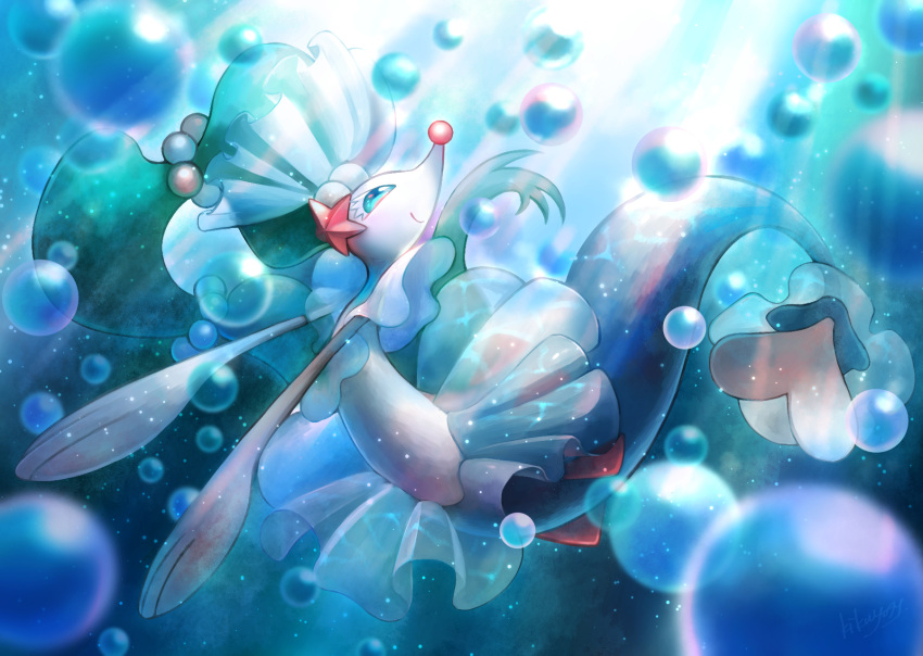 air_bubble blue_eyes bubble closed_mouth commentary_request gen_7_pokemon highres kikuyoshi_(tracco) light_beam looking_up no_humans pokemon pokemon_(creature) primarina smile solo underwater white_eyelashes