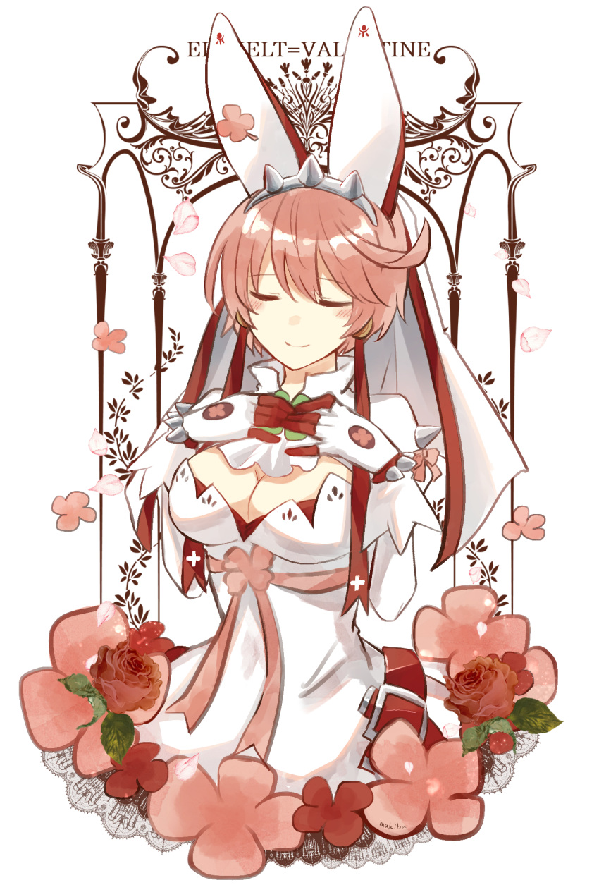 1girl animal_ears breasts closed_eyes clover dress elphelt_valentine fake_tail four-leaf_clover guilty_gear guilty_gear_xrd hair_between_eyes hairband highres large_breasts petals pink_hair rabbit_ears short_hair spiked_hairband spikes tail white_dress