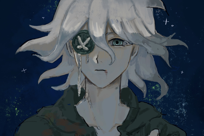 1boy bangs blue_background button_eyes commentary_request crossover dangan_ronpa_(series) dangan_ronpa_2:_goodbye_despair green_jacket grey_eyes grey_hair hair_between_eyes highres hood hood_down hooded_jacket identity_v jacket komaeda_nagito looking_at_viewer male_focus medium_hair messy_hair parted_lips portrait sema_(vivaviva_02) short_hair sketch solo