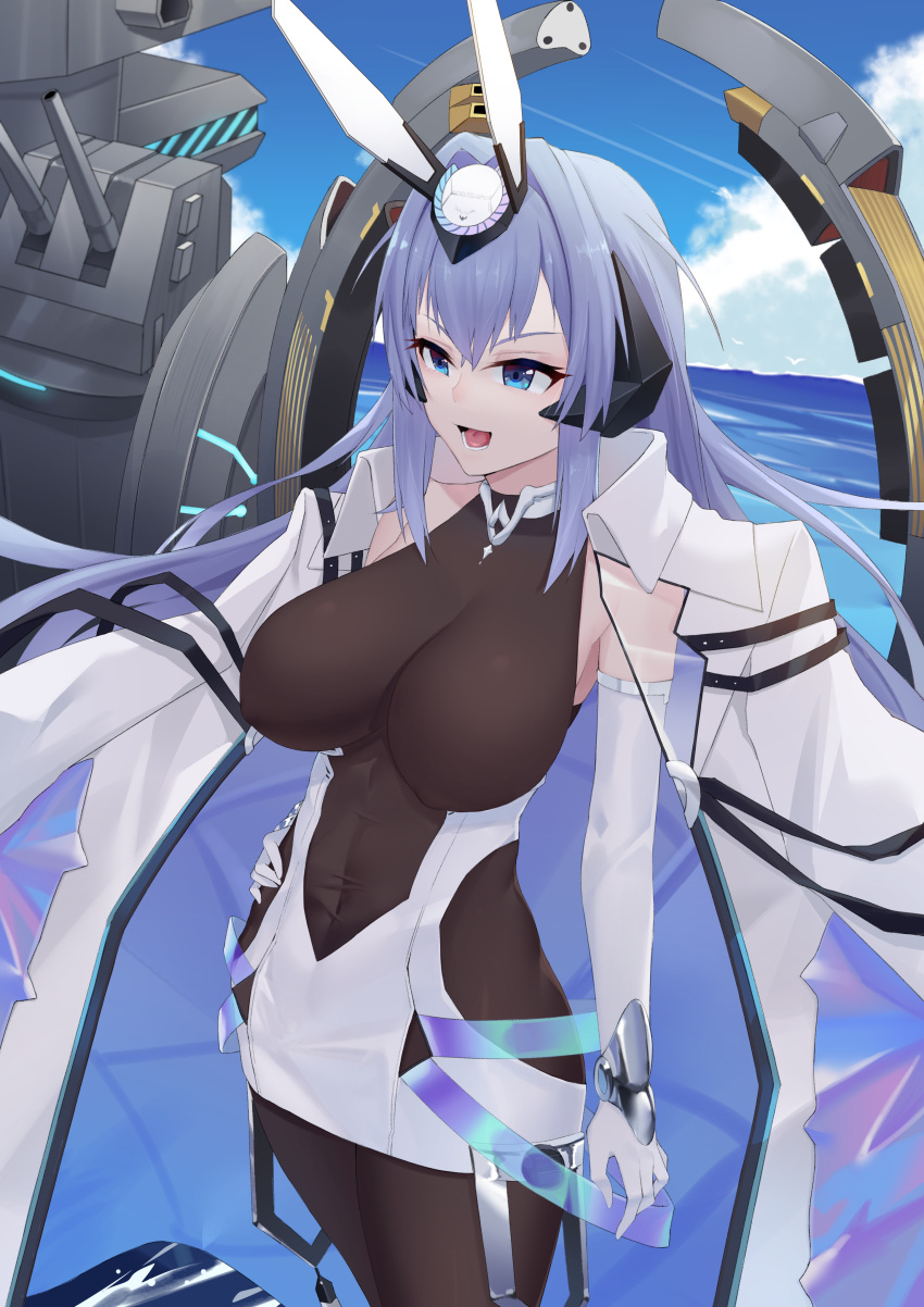 1girl absurdres azur_lane blue_eyes blue_sky bodystocking breasts coat coat_on_shoulders covered_navel covered_nipples dress elbow_gloves gloves headgear highres large_breasts long_hair microdress new_jersey_(azur_lane) open_clothes open_coat open_mouth pi_pi purple_hair rigging see-through sky solo tongue tongue_out turret very_long_hair water white_coat white_dress white_gloves