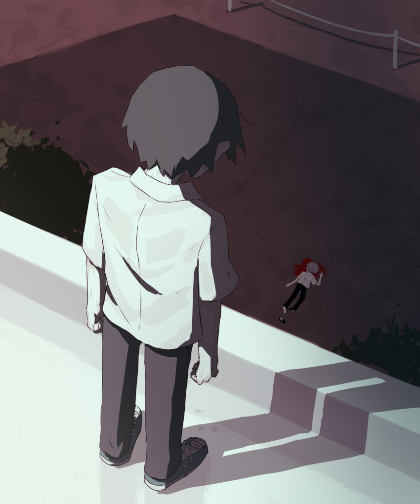 2boys absurdres avogado6 black_pants blood commentary_request crying death grey_hair highres lying multiple_boys on_roof on_stomach original pants rooftop shirt shoes short_sleeves white_shirt