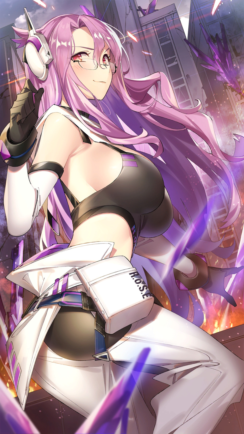 1girl armpit_crease bare_shoulders belt_pouch black_gloves black_shirt breasts crop_top crystal detached_sleeves girl_cafe_gun glasses gloves hand_up headgear highres large_breasts long_hair long_sleeves looking_at_viewer looking_over_eyewear midriff nola_moon_(girl_cafe_gun) official_art pants poppuqn pouch purple_hair red_eyes rimless_eyewear shirt sleeveless sleeveless_shirt smile solo spaghetti_strap very_long_hair white_pants