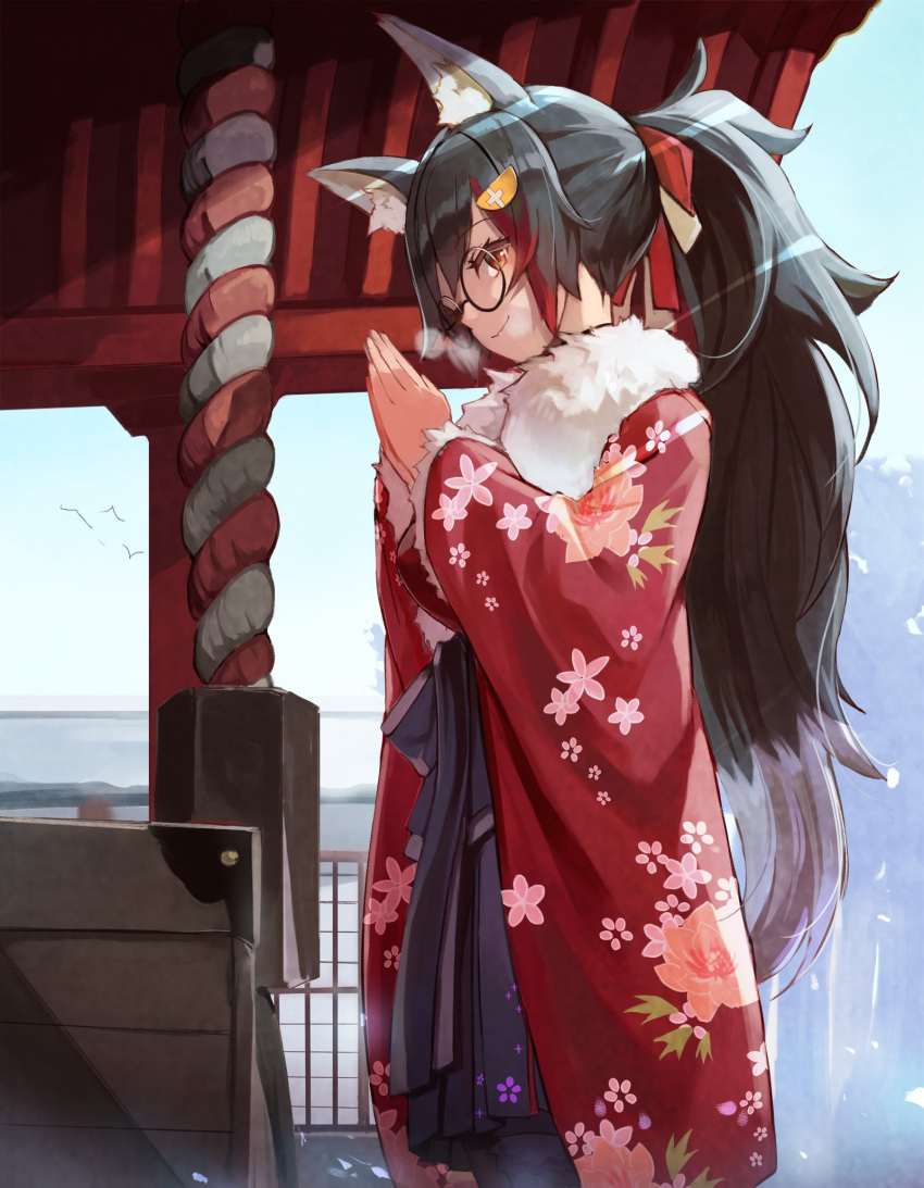 1girl animal_ear_fluff animal_ears bangs black_hair floral_print fur_trim glasses grey_hair hair_between_eyes hair_ornament hairclip hands_clasped highres hololive jacket long_hair looking_at_viewer multicolored_hair ookami_mio outdoors own_hands_together pleated_skirt ponytail redhead shrine_bell shrine_tank sidelocks skirt smile solo streaked_hair sue_(bg-bros) tail tail_around_leg tail_wrap very_long_hair virtual_youtuber wolf_ears wolf_girl wolf_tail yellow_eyes