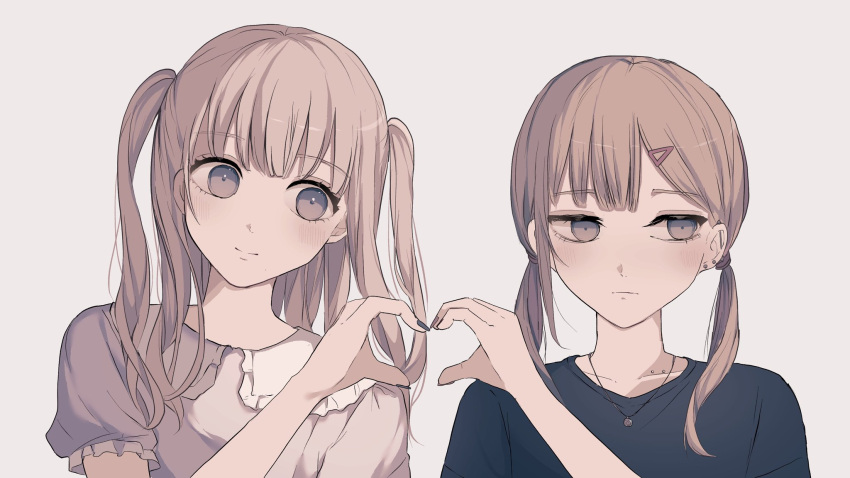 2girls bangs black_nails black_shirt blush brown_eyes brown_hair brown_nails brown_shirt closed_mouth collared_shirt commentary_request eyebrows_visible_through_hair frilled_shirt_collar frills grey_background hair_ornament hairclip hand_up head_tilt heart heart_hands heart_hands_duo highres long_hair low_twintails multiple_girls nail_polish original puffy_short_sleeves puffy_sleeves shirt short_sleeves simple_background smile tsuruse twintails two_side_up