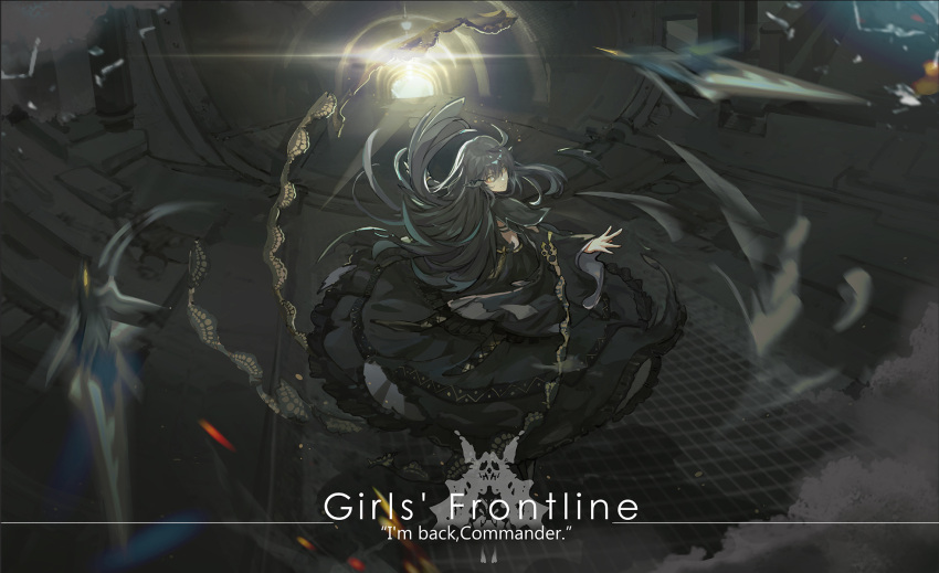 1girl ahoge background_text bangs black_dress black_hair commentary_request copyright_name dandelion_(girls_frontline) dress dress_straps english_text frilled_dress frills from_side full_body girls_frontline grate headgear highres indoors light_bulb light_particles light_rays long_dress long_hair long_sleeves mai_(xskdizzy) mechanical_legs outstretched_arm outstretched_hand shuriken sidelocks solo standing tunnel very_long_hair weapon wide_sleeves yellow_eyes