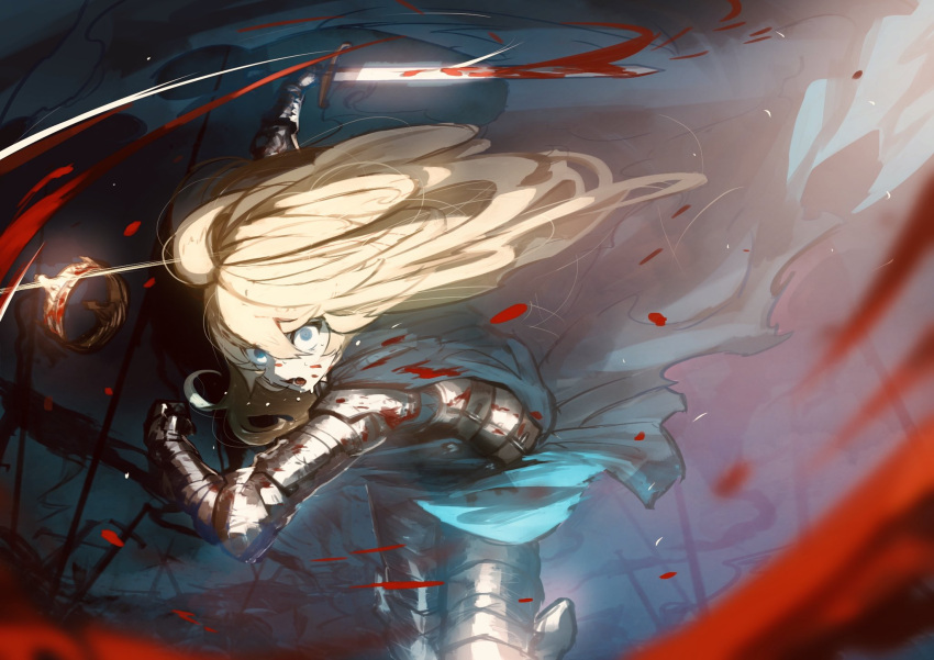 1girl armor blonde_hair blood blood_splatter bloody_clothes bloody_weapon blue_eyes blue_tunic crown crown_removed english_commentary full_armor hair_between_eyes highres holding holding_sword holding_weapon long_hair medieval original ossan_zabi_190 pale_skin plate_armor solo sweat sword weapon