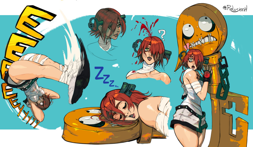1girl a.b.a absurdres bandages blood chain character_sheet fingerless_gloves gloves green_eyes guilty_gear guilty_gear_xx highres key key_in_head paracelsus portrait redhead relusionh short_hair sleeping stitched_mouth stitches surprised