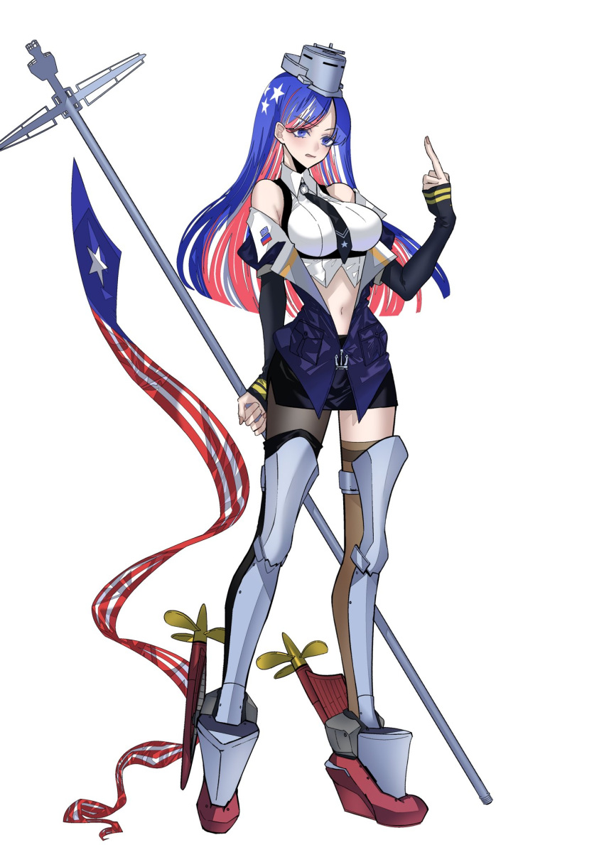 1girl american_flag anno88888 bangs black_legwear black_neckwear black_skirt blue_eyes blue_hair breasts brown_legwear eyebrows_visible_through_hair flag full_body headgear highres holding holding_flag kantai_collection large_breasts long_hair long_sleeves middle_finger multicolored_hair navel necktie open_mouth redhead rudder_footwear simple_background single_leg_pantyhose single_thighhigh skirt solo south_dakota_(kancolle) standing star_(symbol) thigh-highs white_background white_hair