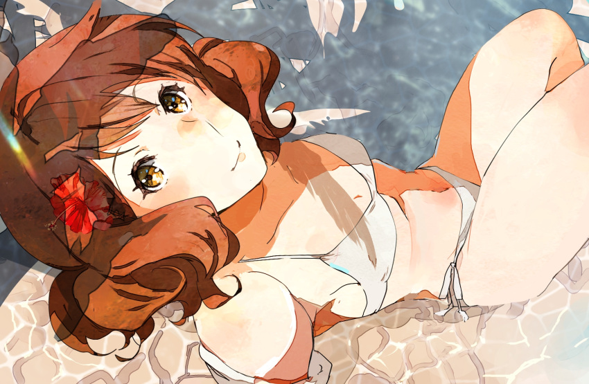 1girl arm_support bare_shoulders bikini blush breasts brown_eyes brown_hair closed_mouth faux_traditional_media flower hair_flower hair_ornament hibike!_euphonium highres kataru_(ubw-emiya) leaning_back looking_at_viewer medium_hair midriff navel oumae_kumiko red_flower sitting small_breasts smile solo swimsuit water white_bikini white_swimsuit