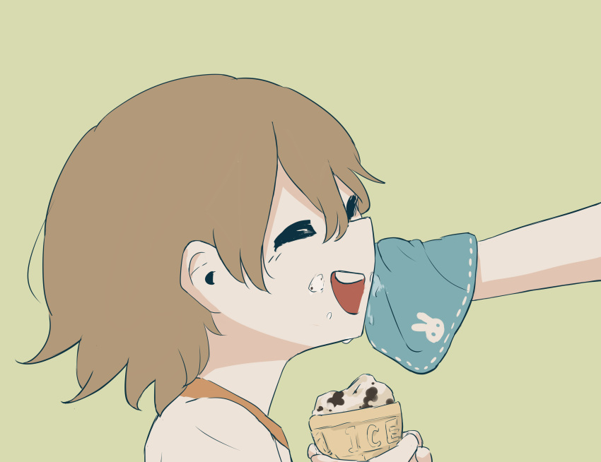 1boy 1other :d absurdres avogado6 blue_background brown_hair child closed_eyes commentary_request food food_on_face from_side highres holding ice_cream open_mouth original smile towel wiping_face