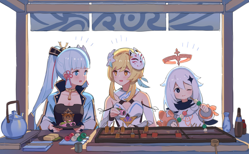 3girls armor bangs blonde_hair blue_eyes blue_hair blunt_bangs blush breastplate choker commentary dango ddal dress eating fairy flower food food_stand fox_mask genshin_impact hair_flower hair_ornament halo highres kamisato_ayaka looking_at_another lumine_(genshin_impact) mask multiple_girls one_eye_closed open_mouth paimon_(genshin_impact) simple_background smile teapot wagashi white_background white_hair yellow_eyes