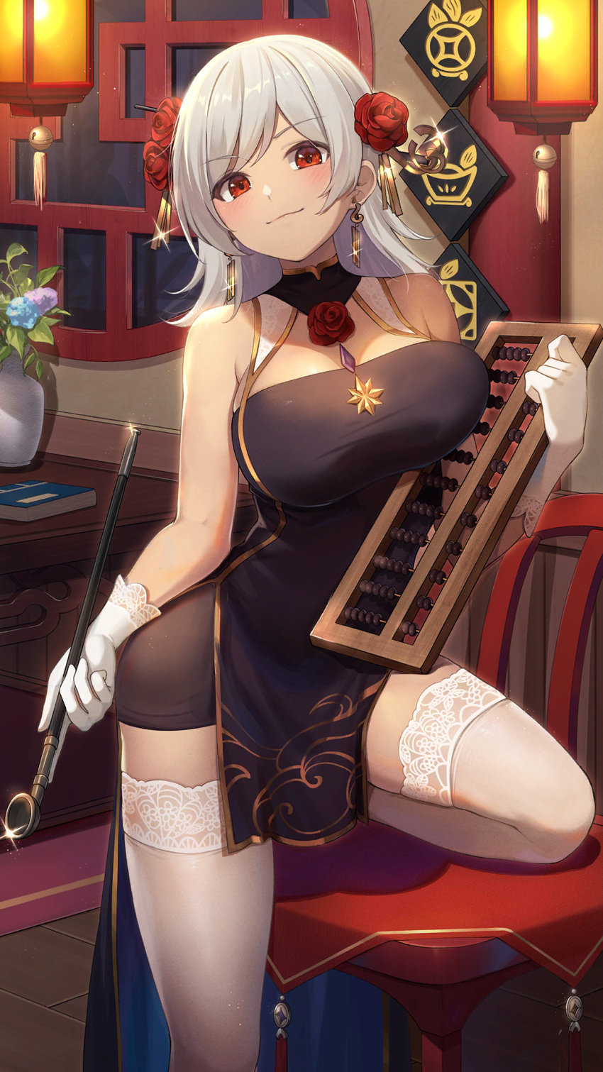 1girl abacus bare_arms bare_shoulders black_dress breasts chair china_dress chinese_clothes dress earrings flower girl_cafe_gun gloves gold_trim hair_flower hair_ornament highres holding indoors jewelry kiseru lantern large_breasts lida_romero long_hair looking_at_viewer official_art pelvic_curtain pipe red_eyes rose sleeveless sleeveless_dress smile solo super_zombie taut_clothes taut_dress thigh-highs white_gloves white_hair white_legwear